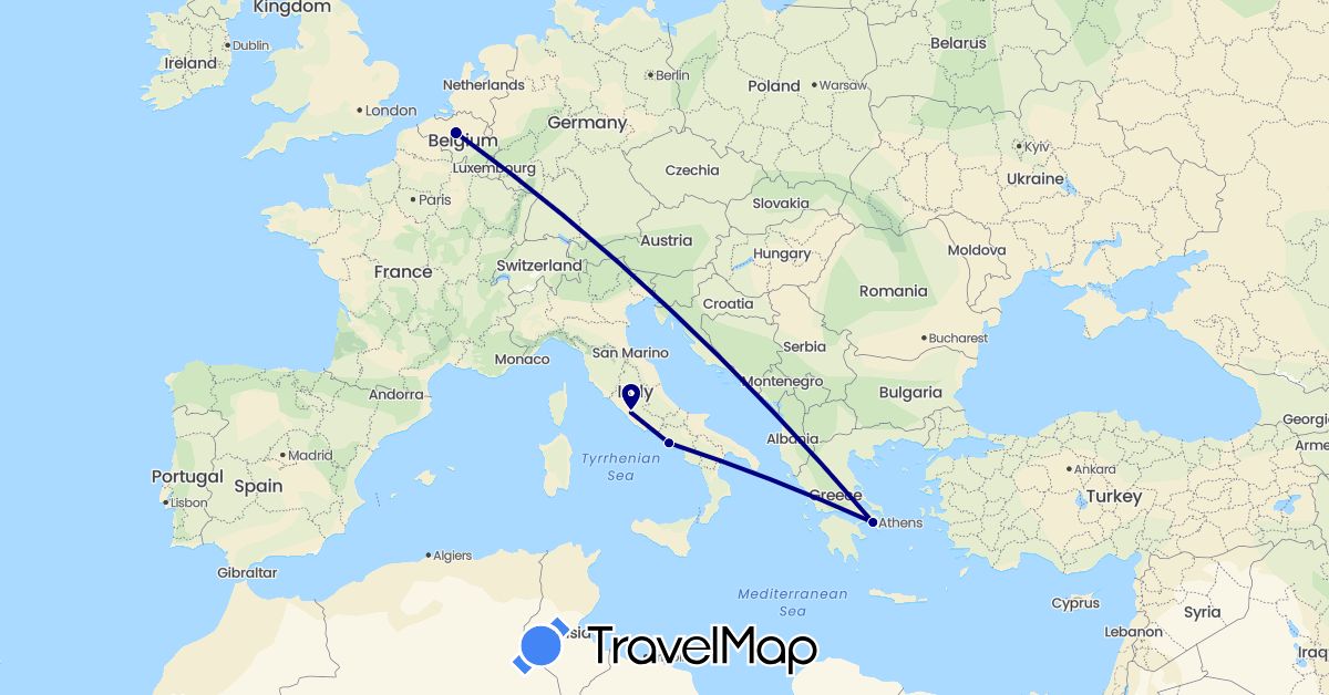 TravelMap itinerary: driving in Belgium, Greece, Italy (Europe)
